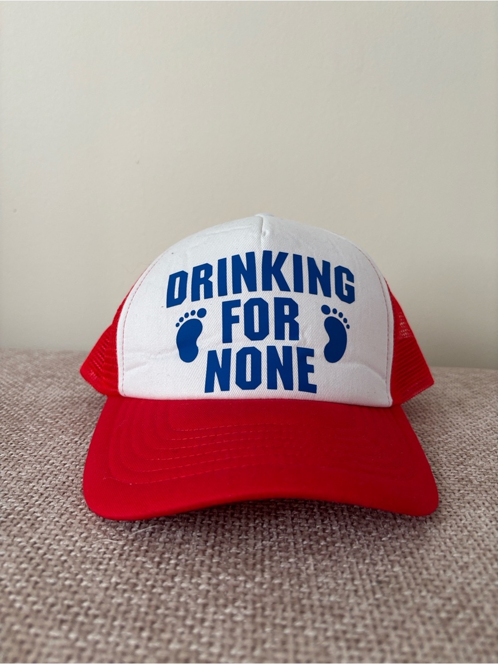 Red and White Kids Trucker Hat with Blue Print - Drinking For None